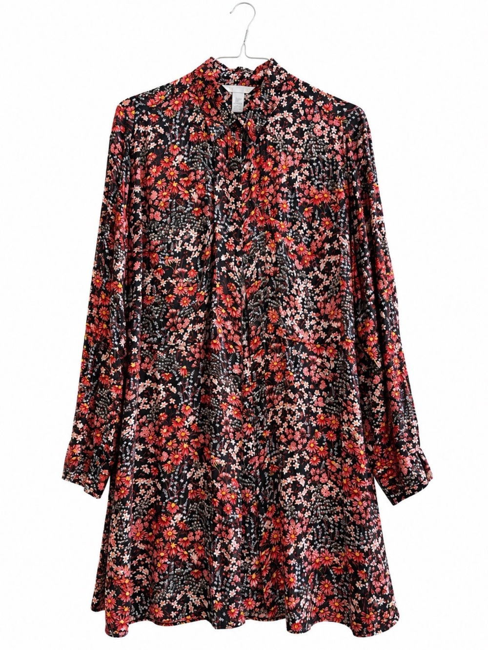 H&M Black Floral Long-Sleeve Tie-Neck Swing Dress